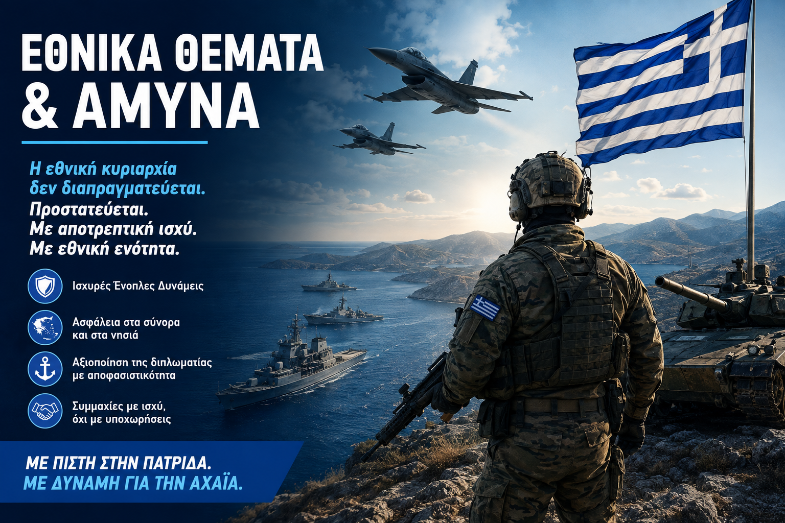 Εθνικά Θέματα και Άμυνα – Θέσεις για την εθνική κυριαρχία, την ασφάλεια των συνόρων και την ενίσχυση των Ενόπλων Δυνάμεων.