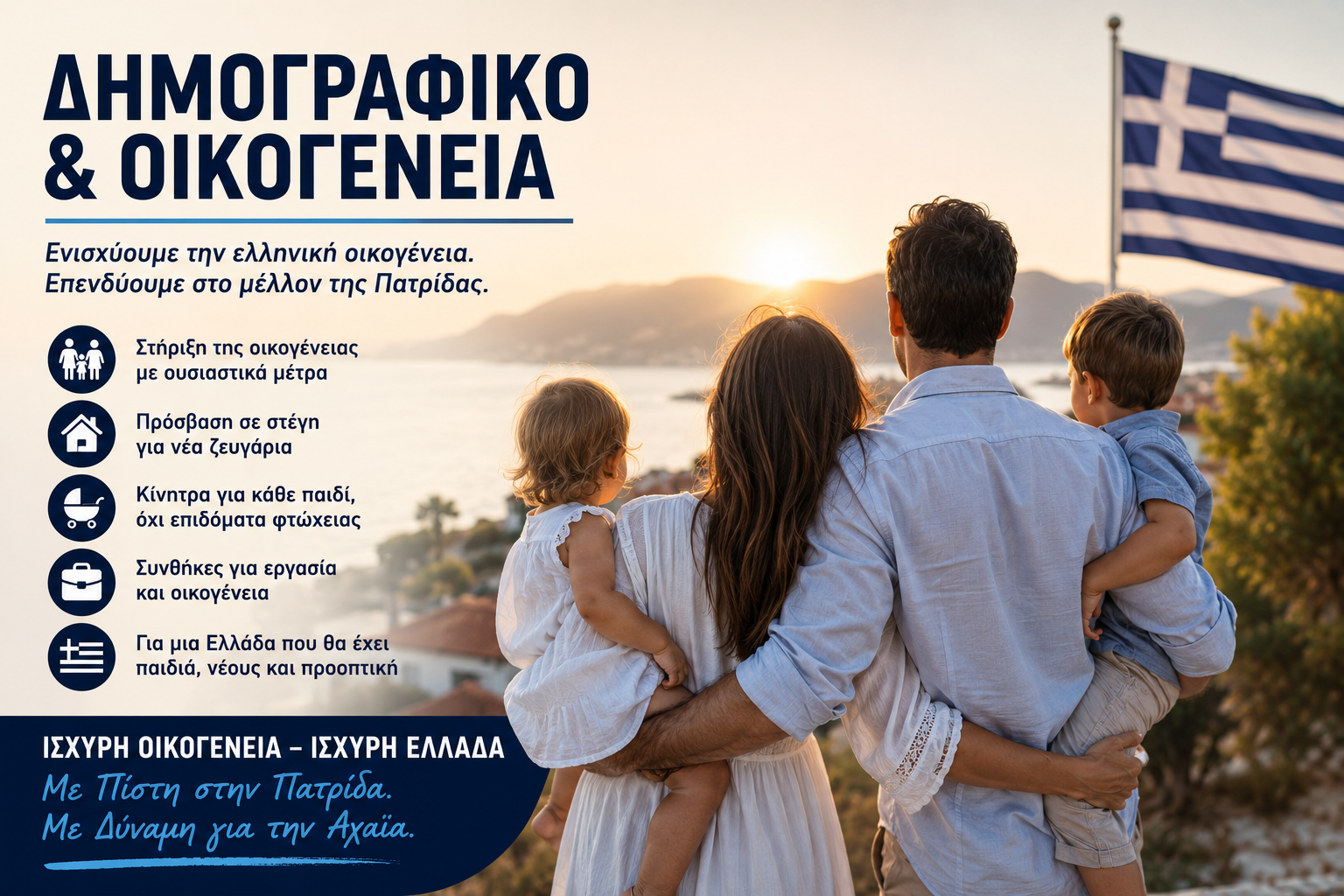 Δημογραφικό και Οικογένεια – Στήριξη της ελληνικής οικογένειας, των νέων ζευγαριών και της τεκνοποίησης για το μέλλον της Ελλάδας.