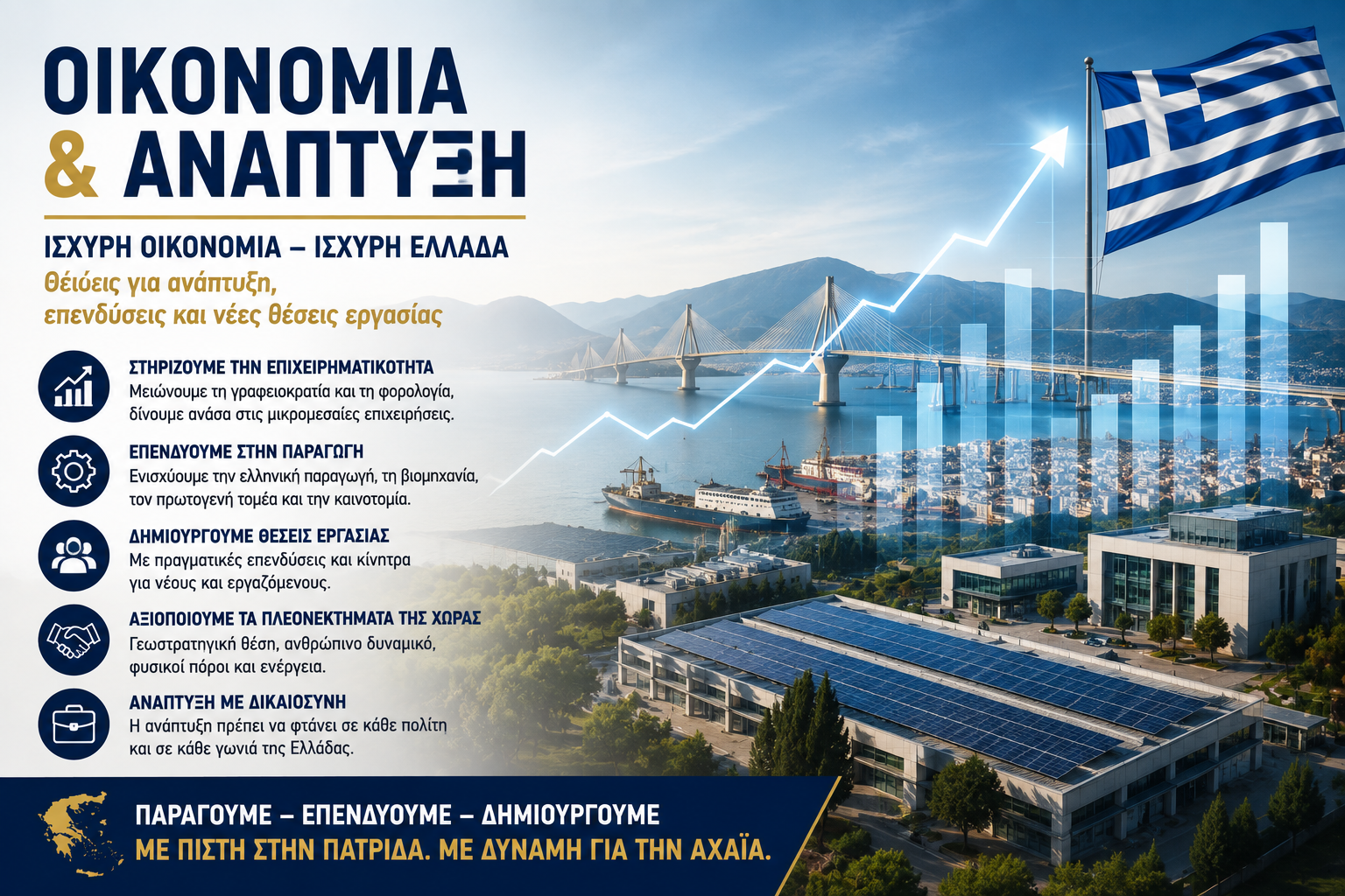 Οικονομία & Ανάπτυξη – Παραγωγή, επενδύσεις, στήριξη της επιχειρηματικότητας και δημιουργία νέων θέσεων εργασίας για μια ισχυρή Ελλάδα και Αχαΐα.
