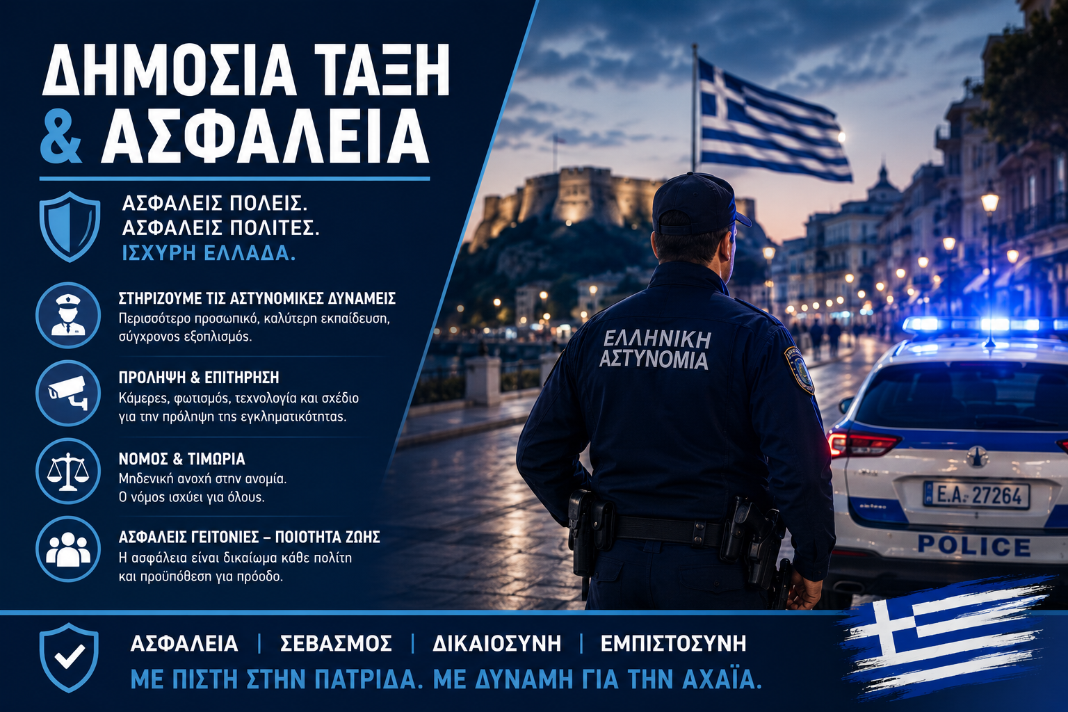 Δημόσια Τάξη & Ασφάλεια – Ενίσχυση της Ελληνικής Αστυνομίας, πρόληψη της εγκληματικότητας και ασφαλείς γειτονιές για κάθε πολίτη στην Ελλάδα και την Αχαΐα.