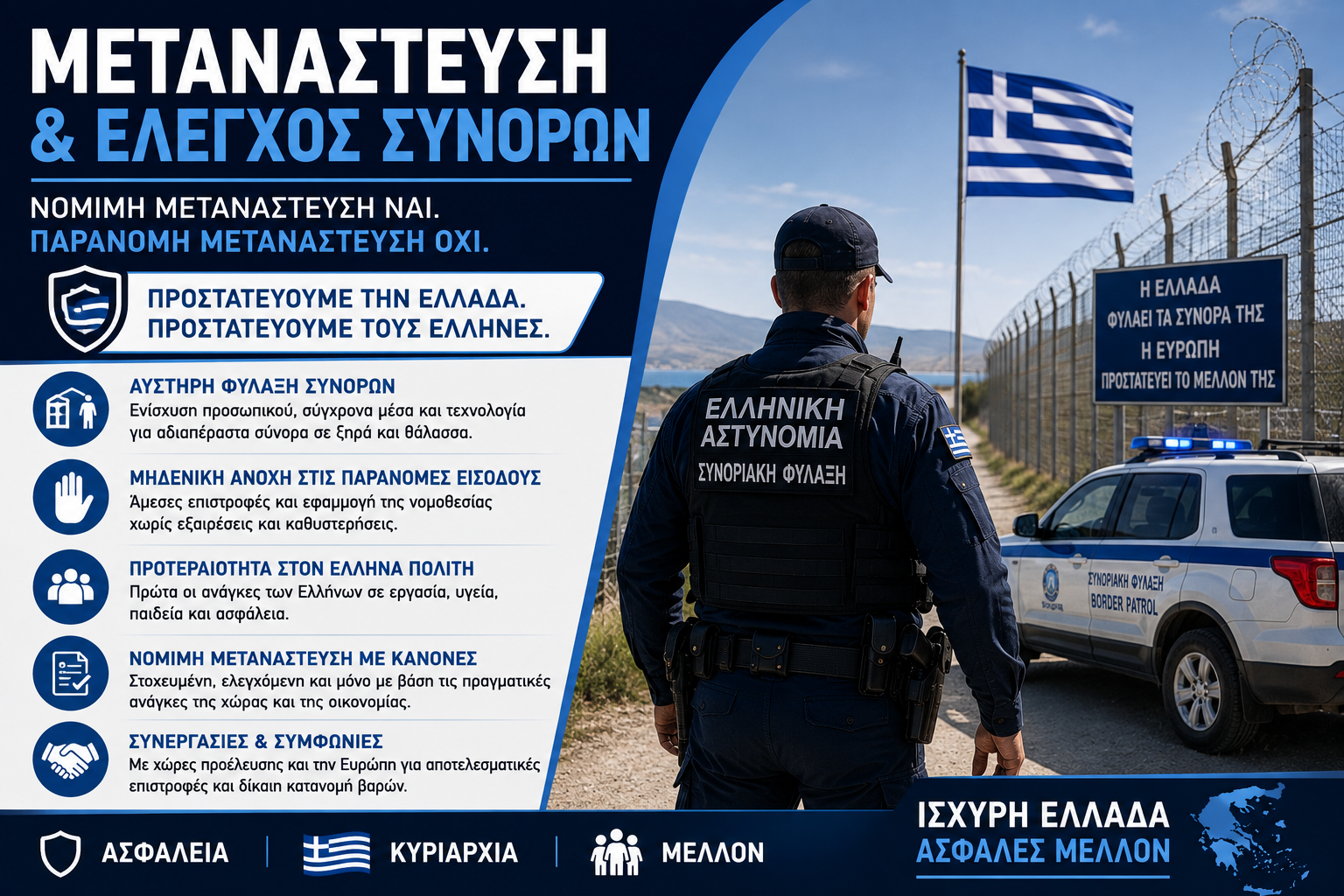 Μετανάστευση & Έλεγχος Συνόρων – Προστασία των ελληνικών συνόρων, αποτελεσματικός έλεγχος των παράνομων εισόδων και εφαρμογή μιας οργανωμένης μεταναστευτικής πολιτικής με κανόνες και σεβασμό στην εθνική κυριαρχία.