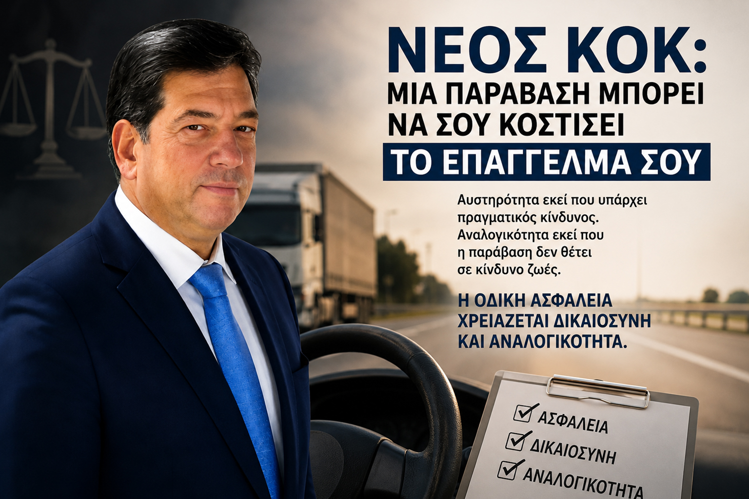 Δημήτριος Γ. Παλούμπης με φόντο επαγγελματικό φορτηγό και οδικό δίκτυο, σε παρέμβαση για τον Κώδικα Οδικής Κυκλοφορίας, τις κυρώσεις στους επαγγελματίες οδηγούς και την ανάγκη αναλογικότητας μεταξύ παράβασης και ποινής.