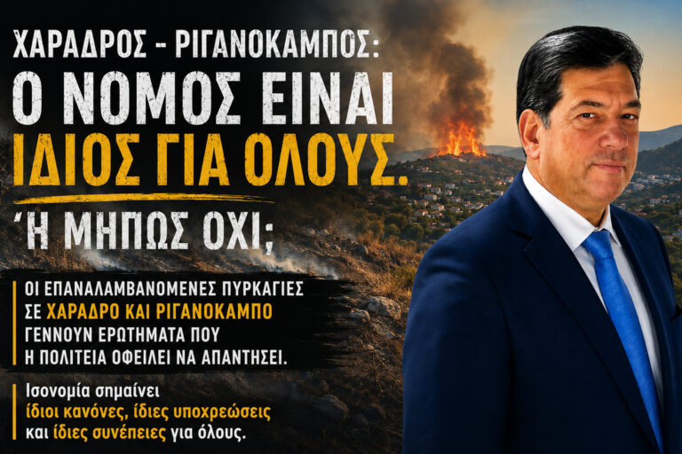 Χάραδρος και Ριγανόκαμπος: Ο Δημήτριος Γ. Παλούμπης με φόντο πυρκαγιά, σε παρέμβαση για τα επαναλαμβανόμενα περιστατικά πυρκαγιών και την ανάγκη ισότιμης εφαρμογής του νόμου, με ίδιους κανόνες, υποχρεώσεις και συνέπειες για όλους.