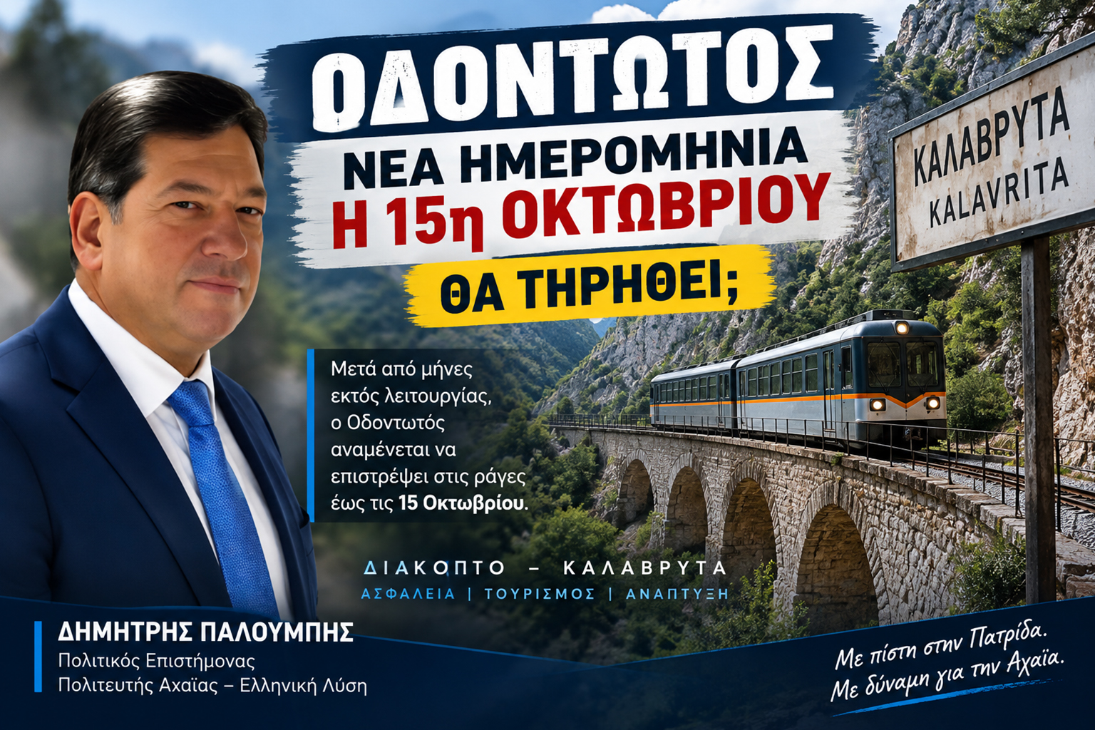 Ο Οδοντωτός Διακοπτού–Καλαβρύτων σε ορεινή διαδρομή. Γραφικό για το άρθρο του Δημήτρη Παλούμπη σχετικά με τη νέα ημερομηνία επαναλειτουργίας έως τις 15 Οκτωβρίου 2026 και το ερώτημα αν θα τηρηθεί το χρονοδιάγραμμα.