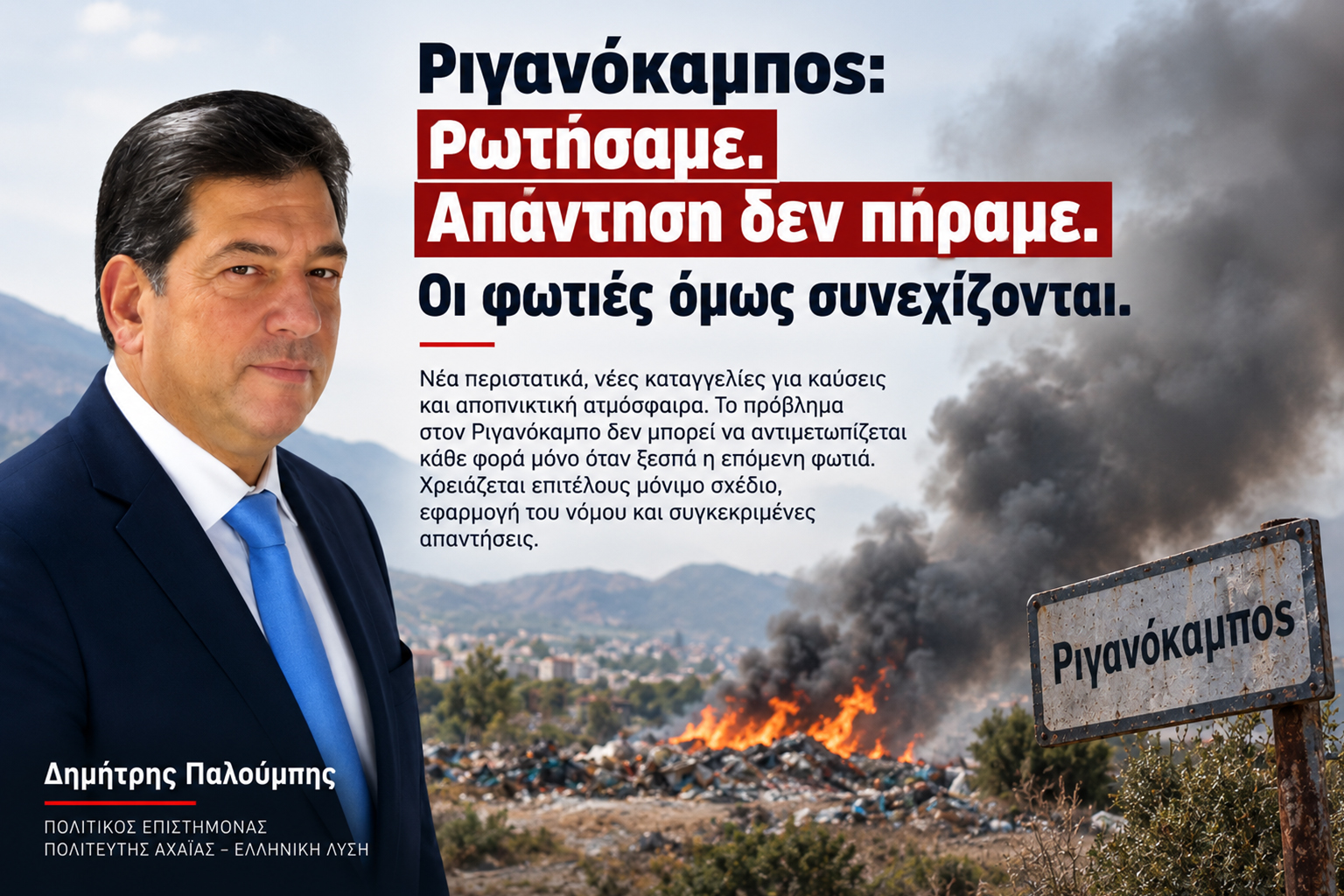 Ο Δημήτρης Παλούμπης σε πρώτο πλάνο, με φόντο φωτιά και πυκνό καπνό στον Ριγανόκαμπο. Η εικόνα συνοδεύει παρέμβαση για τα επαναλαμβανόμενα περιστατικά πυρκαγιών και καύσεων στην περιοχή, την ανάγκη εφαρμογής του νόμου, προστασίας της δημόσιας υγείας και ενός μόνιμου σχεδίου αντιμετώπισης. Κεντρικό μήνυμα: «Ριγανόκαμπος: Ρωτήσαμε. Απάντηση δεν πήραμε. Οι φωτιές όμως συνεχίζονται.»