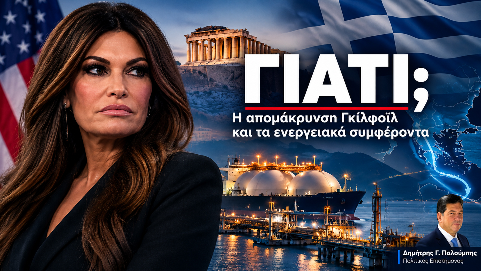 ΓΙΑΤΙ; Η απομάκρυνση Γκίλφοϊλ και τα ενεργειακά συμφέροντα”. Κάτω δεξιά, φωτογραφία του Δημήτρη Παλούμπη, Πολιτικού Επιστήμονα.
