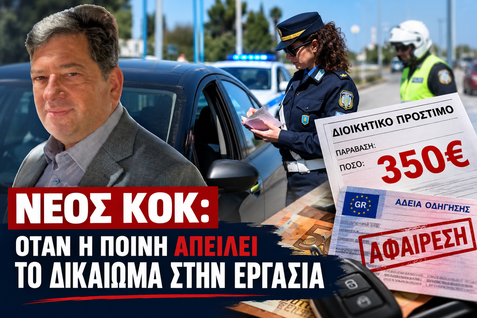 Ο Δημήτρης Γ. Παλούμπης, Πολιτικός Επιστήμονας και Πολιτευτής Αχαΐας της Ελληνικής Λύσης, σε σύνθεση με τροχονομικό έλεγχο, πρόστιμο 350 ευρώ και αφαίρεση άδειας οδήγησης. Η εικόνα συνοδεύει το άρθρο «Νέος ΚΟΚ: Όταν η ποινή απειλεί το δικαίωμα στην εργασία», αναδεικνύοντας τις οικονομικές και επαγγελματικές συνέπειες των αυστηρών κυρώσεων για τους εργαζομένους.
