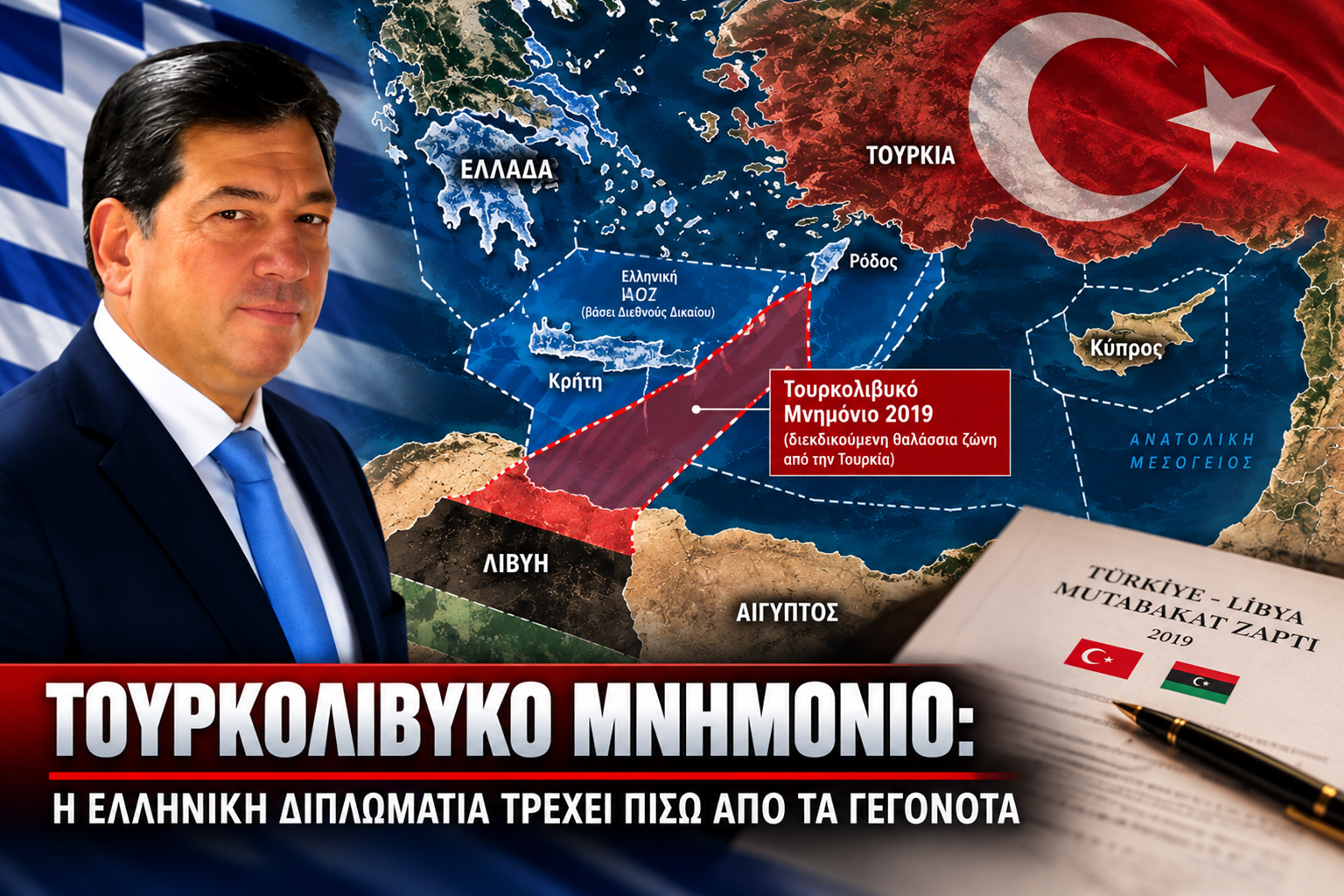 Ο Δημήτρης Παλούμπης, Πολιτικός Επιστήμονας και Πολιτευτής Αχαΐας της Ελληνικής Λύσης, μπροστά από χάρτη της Ανατολικής Μεσογείου που απεικονίζει τις τουρκικές θαλάσσιες διεκδικήσεις μέσω του Τουρκολιβυκού Μνημονίου του 2019. Η εικόνα συνοδεύει άρθρο με τίτλο «Τουρκολιβυκό Μνημόνιο: Η ελληνική διπλωματία τρέχει πίσω από τα γεγονότα