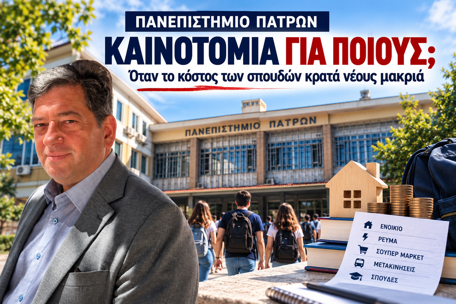 Δημήτριος Γ. Παλούμπης με φόντο το Πανεπιστήμιο Πατρών και φοιτητές, σε σύνθεση για το αυξημένο κόστος σπουδών, τη φοιτητική στέγαση και τις δυσκολίες διαβίωσης.