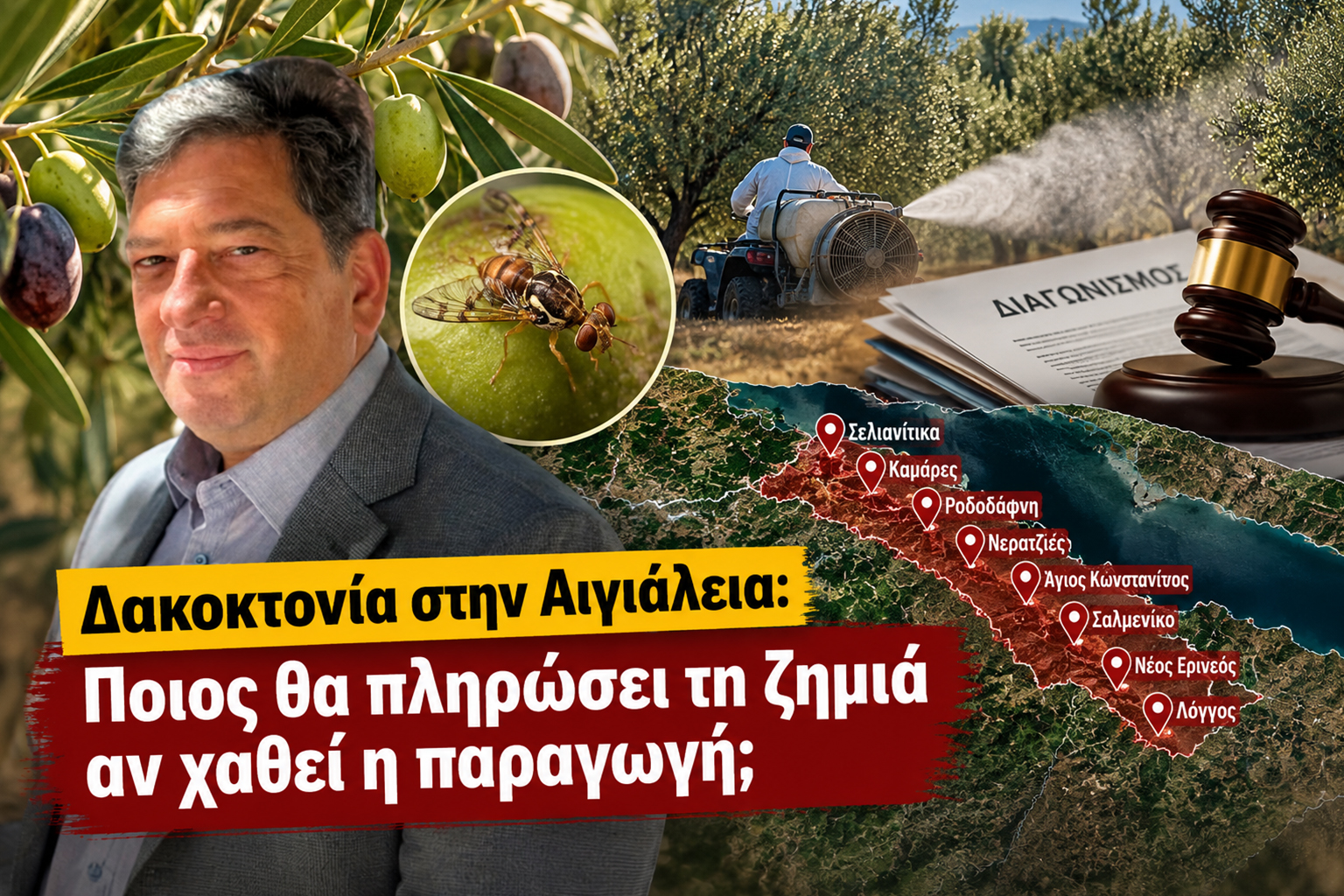 Δακοκτονία στην Αιγιάλεια: Ελαιώνες, ψεκασμός για τον δάκο και οι περιοχές που μένουν χωρίς συλλογική κάλυψη, με κεντρικό ερώτημα ποιος θα αναλάβει την ευθύνη σε περίπτωση απώλειας της παραγωγής.