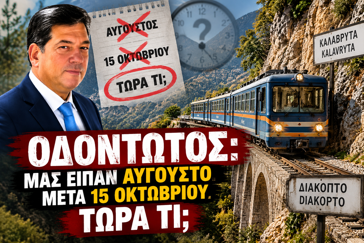 Οδοντωτός Διακοπτού–Καλαβρύτων με φόντο την ορεινή διαδρομή και τον Δημήτρη Παλούμπη, με αναφορά στις διαδοχικές ημερομηνίες επαναλειτουργίας και το ερώτημα για το νέο χρονοδιάγραμμα.